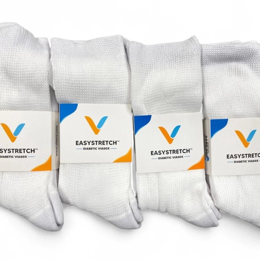 4 Pair Viasox Diabetic White Stretch Crew Socks Men's 9-12 Women's 10-13 Large L